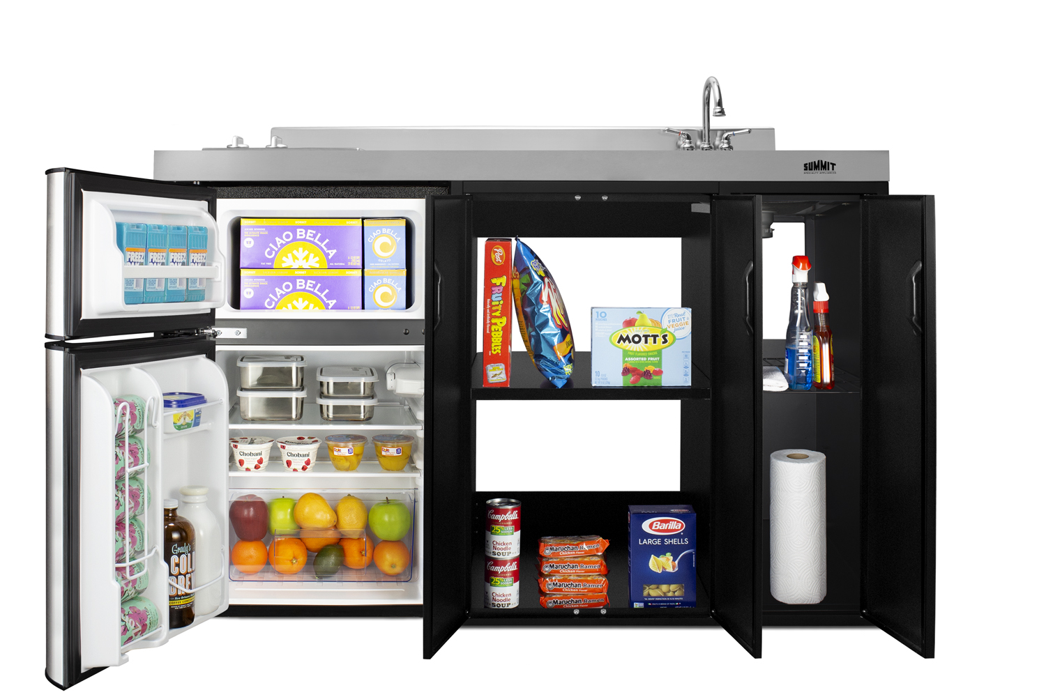 54 inch wide all-in-one kitchenette in black with a removable 2-burner 115V smooth top cooktop, 2-door refrigerator-freezer, sink, and two storage cabinets